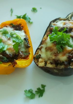 A picture of Greek style stuffed peppers.