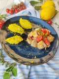 Spezzatino di pesce spada e purè alla curcuma