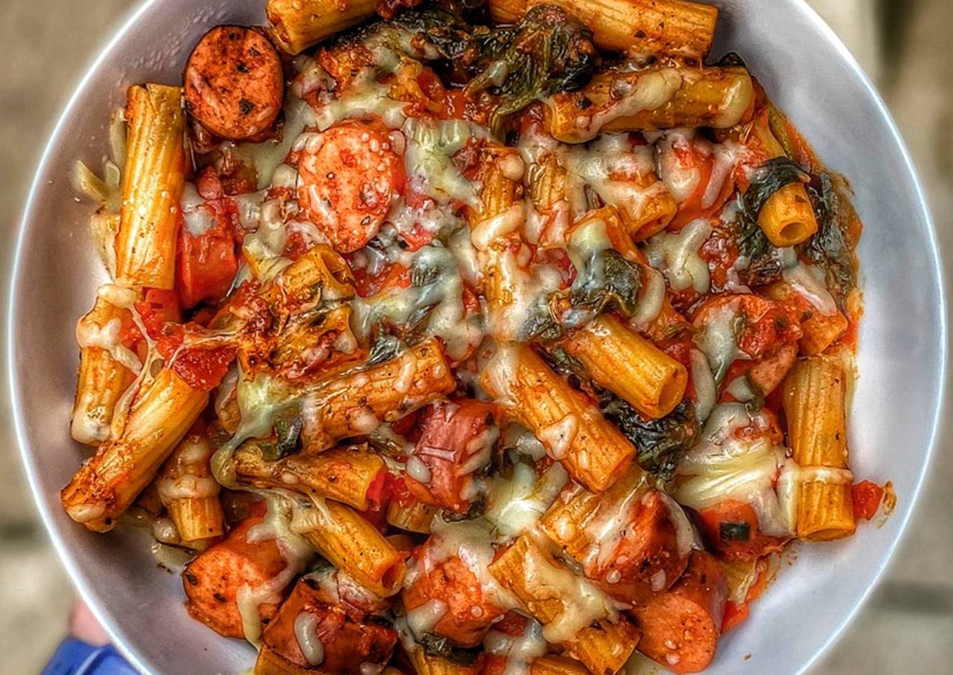 Spicy Sausage & Spinach Pasta Bake