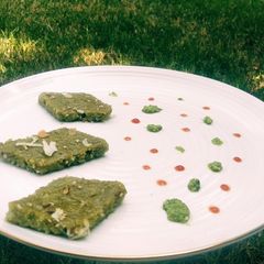 A picture of Greeny dhokla (spinach and guava flavoured) from leftover roties.