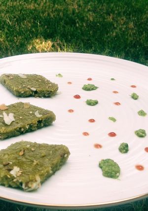 A picture of Greeny dhokla (spinach and guava flavoured) from leftover roties.