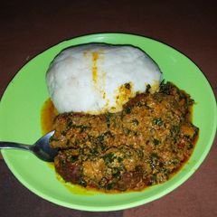 A picture of Pounded yam with egusi soup.