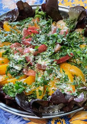 Une photo de Feuille de chêne rouge aux tomates bicolores, coriandre et parmesan