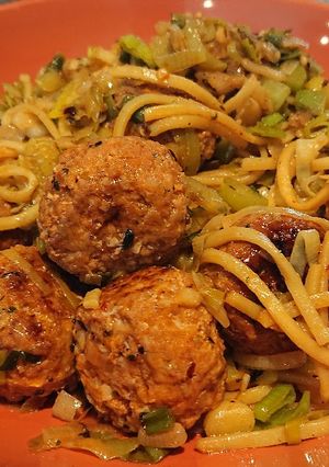 A picture of Egg Noodles and Meatballs.
