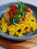 Yellow Rice With Raisin Serve With Frypan Fish Barramundi Fillet