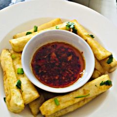 A picture of Peppered dip with Yam Fries.