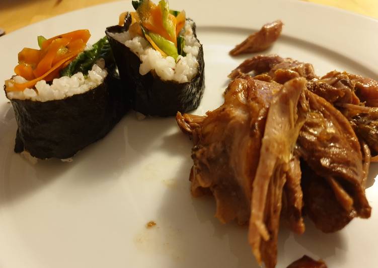 Slow cooked duck w/ vegetable sushi rolls