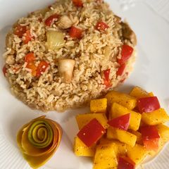 A picture of Chicken & Red Pepper fried rice with mustard mango salad#mysterybag1.