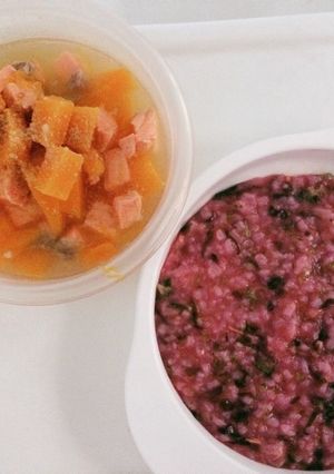 Foto resep Sup Salmon Kabocha+Nasi Tim Brokoli Bayam Merah (mpasi 8m+)