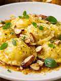 Ravioli de Mandioquinha e Burrata ao Molho de Manteiga de Sálvia com Crocante de Castanha-do-Pará e