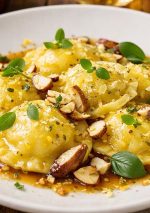 Foto de Ravioli de Mandioquinha e Burrata ao Molho de Manteiga de Sálvia com Crocante de Castanha-do-Pará e