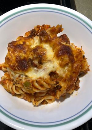 A picture of Baked Rotini with Italian Hot Sausage.