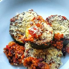A picture of Baked Marrow Stuffed With Veggie Chilli.