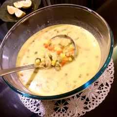 A picture of Creamy no cream chicken and vegetables soup.