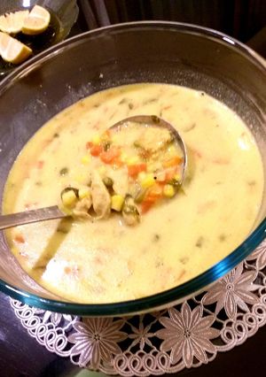 A picture of Creamy no cream chicken and vegetables soup.