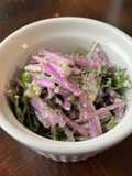 Mizuna salad with tofu Caesar dressing