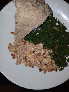 A picture of Fried Eggs, Kales and Brown Ugali.