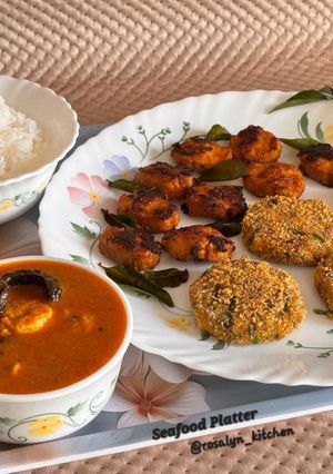 A picture of Seafood Platter – Mom Special ❤️(Prawns Curry, Fish Cutlet, Fish Fry & Steamed Basmati Rice).
