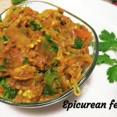 Baingan bharta Smoky eggplant stir-fry A picture of Baingan bharta Smoky eggplant stir-fry.