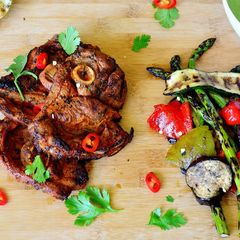 A picture of Guest Post ~ Spicy BBQ Lamb Chops with Grilled Veggies & Mint Yogurt Chutney.