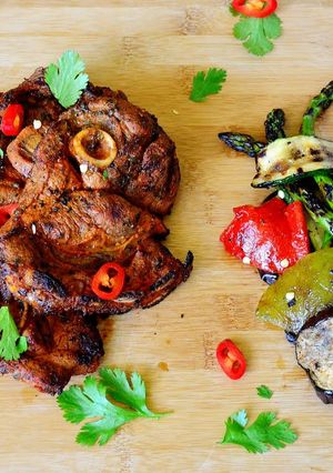 A picture of Guest Post ~ Spicy BBQ Lamb Chops with Grilled Veggies & Mint Yogurt Chutney.