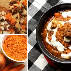 A picture of Fullblood Wagyu Chorizo and Red Lentil Soup.