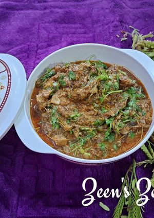 A picture of Hyderabadi Mutton Chugur or Young Tamarind Leaves.