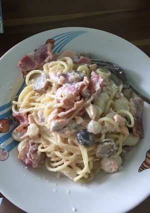 Hình của món Mỳ Ý sốt kem nấm.