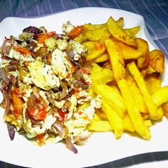 A picture of French Fries and Onions scrambled eggs.