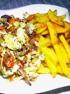 A picture of French Fries and Onions scrambled eggs.