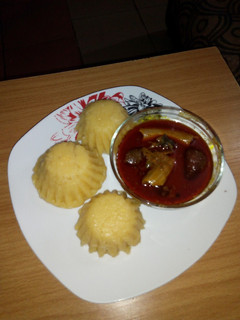 A picture of Eba muffin and Banga soup.