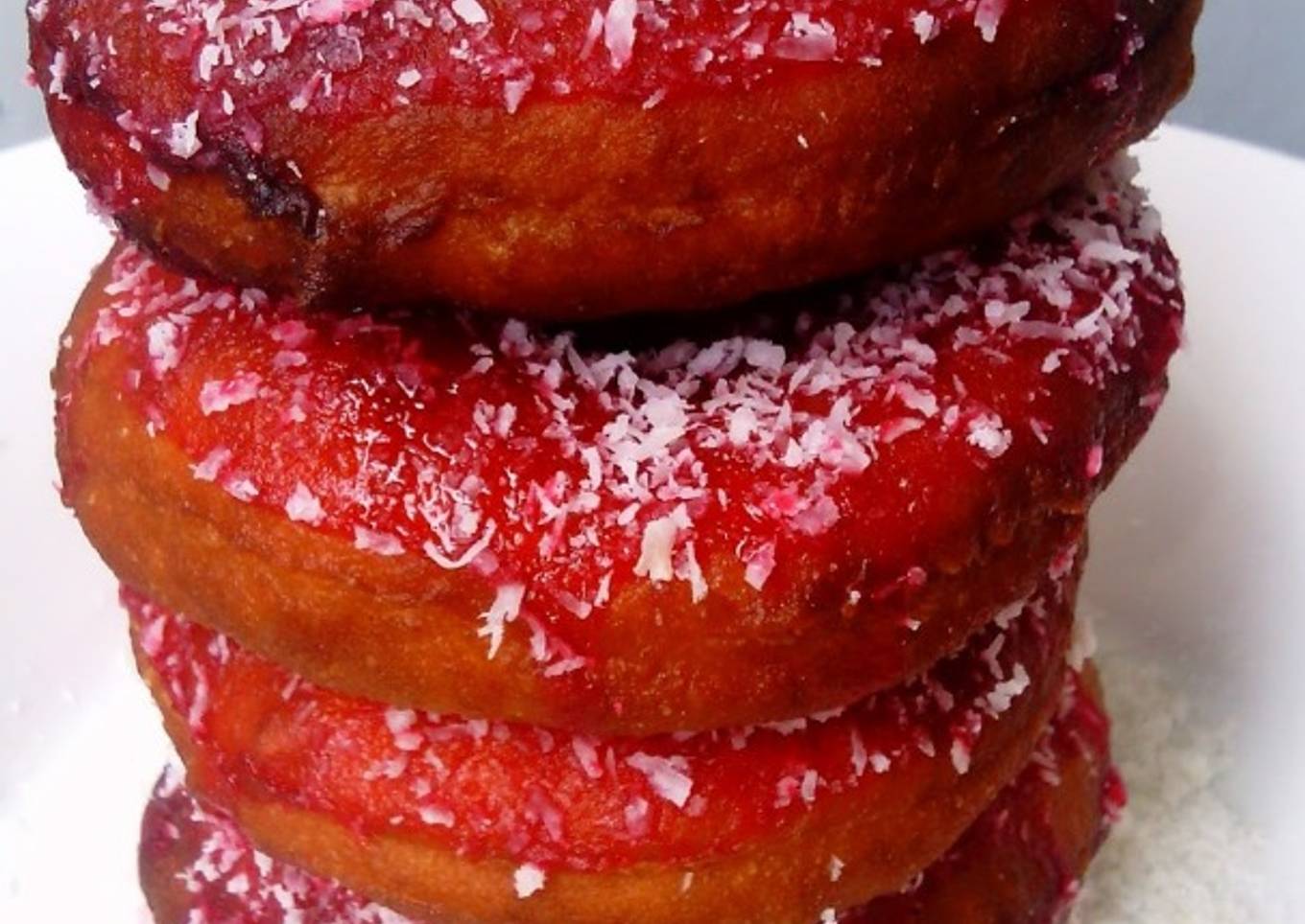 Red Glazed Eggless Doughnuts with Coconut