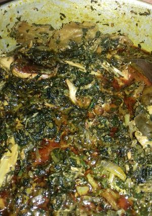A picture of Edikaiko / vegetable soup.