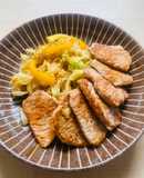 Garlicky cabbage with capsicum and juicy ginger pork loin