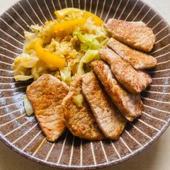 Garlicky cabbage with capsicum and juicy ginger pork loin A picture of Garlicky cabbage with capsicum and juicy ginger pork loin.