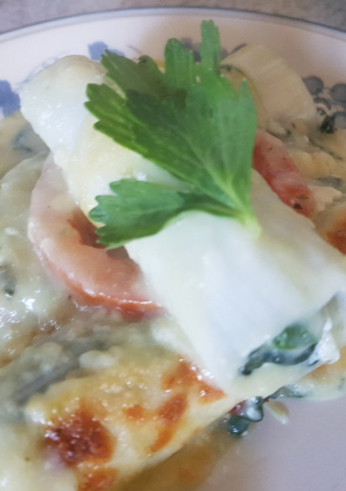 Una foto de Falsos canelones de Puerro con Espinacas y Requesón