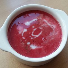 A picture of Vickys Thai Curried Beetroot Soup, GF DF EF SF NF.
