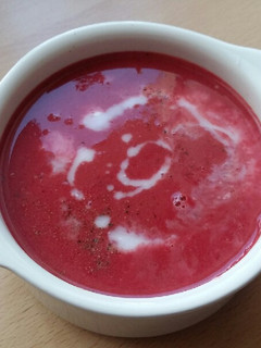 A picture of Vickys Thai Curried Beetroot Soup, GF DF EF SF NF.