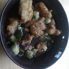 A picture of Cheat Pempek (Fried Fish Cake in Sour Soup).