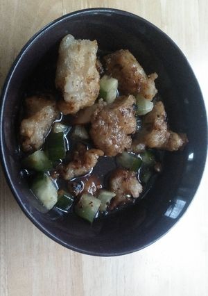 A picture of Cheat Pempek (Fried Fish Cake in Sour Soup).