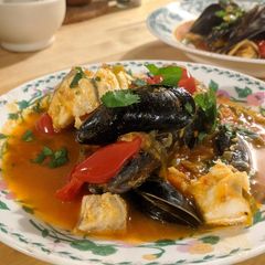 Spicy fish + mussel tomato stew A picture of Spicy fish + mussel tomato stew.