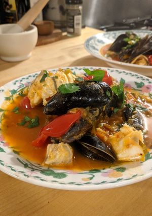 A picture of Spicy fish + mussel tomato stew.
