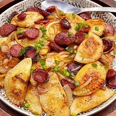 A picture of Brown Butter Pierogi with Wagyu Beef Kielbasa.