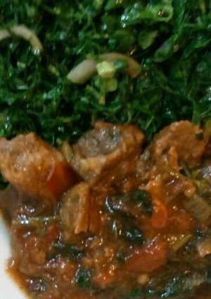 A picture of Wet fried Beef with Sukuma wiki.