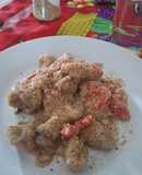 Salsa blanca con hongos y tomates vegan