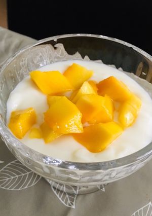 A picture of Milk jelly pudding with fresh mango topping.