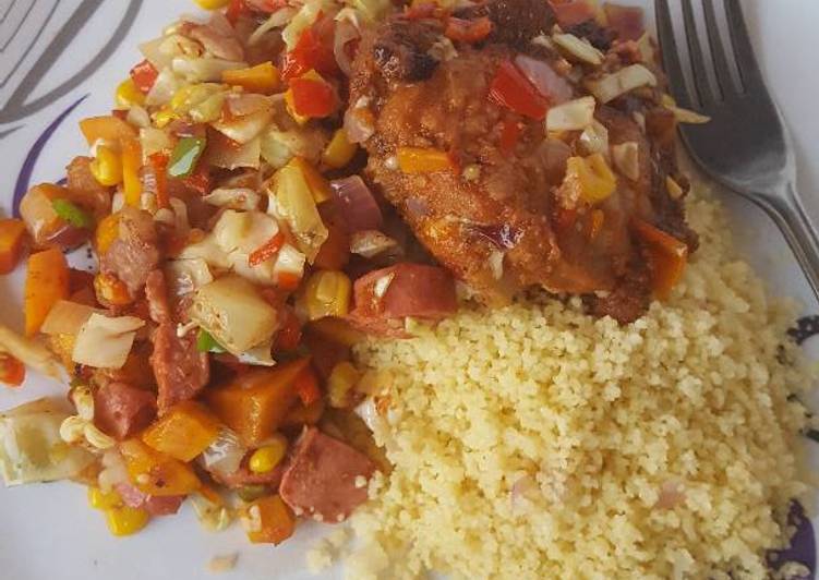 Couscous with sausage stir fry and BBQ turkey