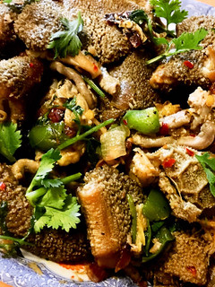 A picture of Beef intestines/Tripe stir fry.