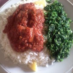 A picture of White,irish potato,stew and spinach.