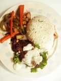 Teragon steaks with garlic rice and vegs